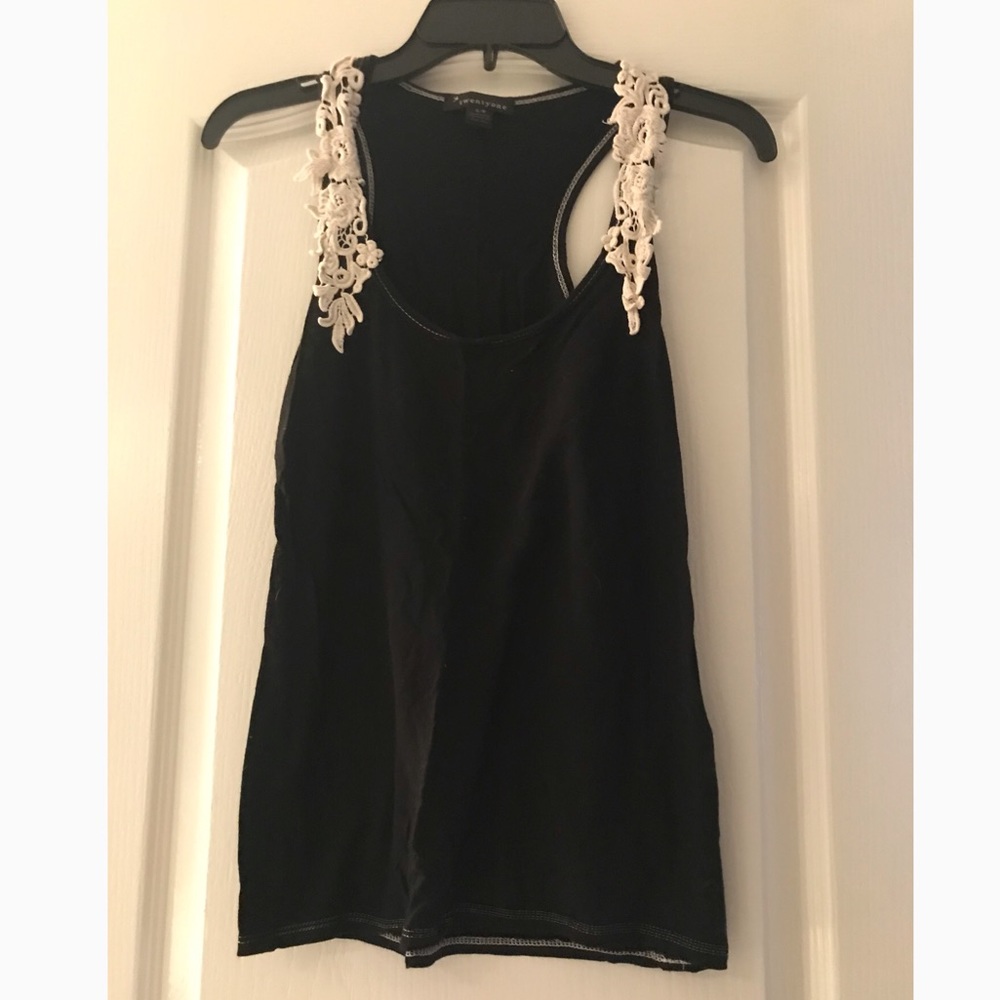 Black tank top with white floral straps